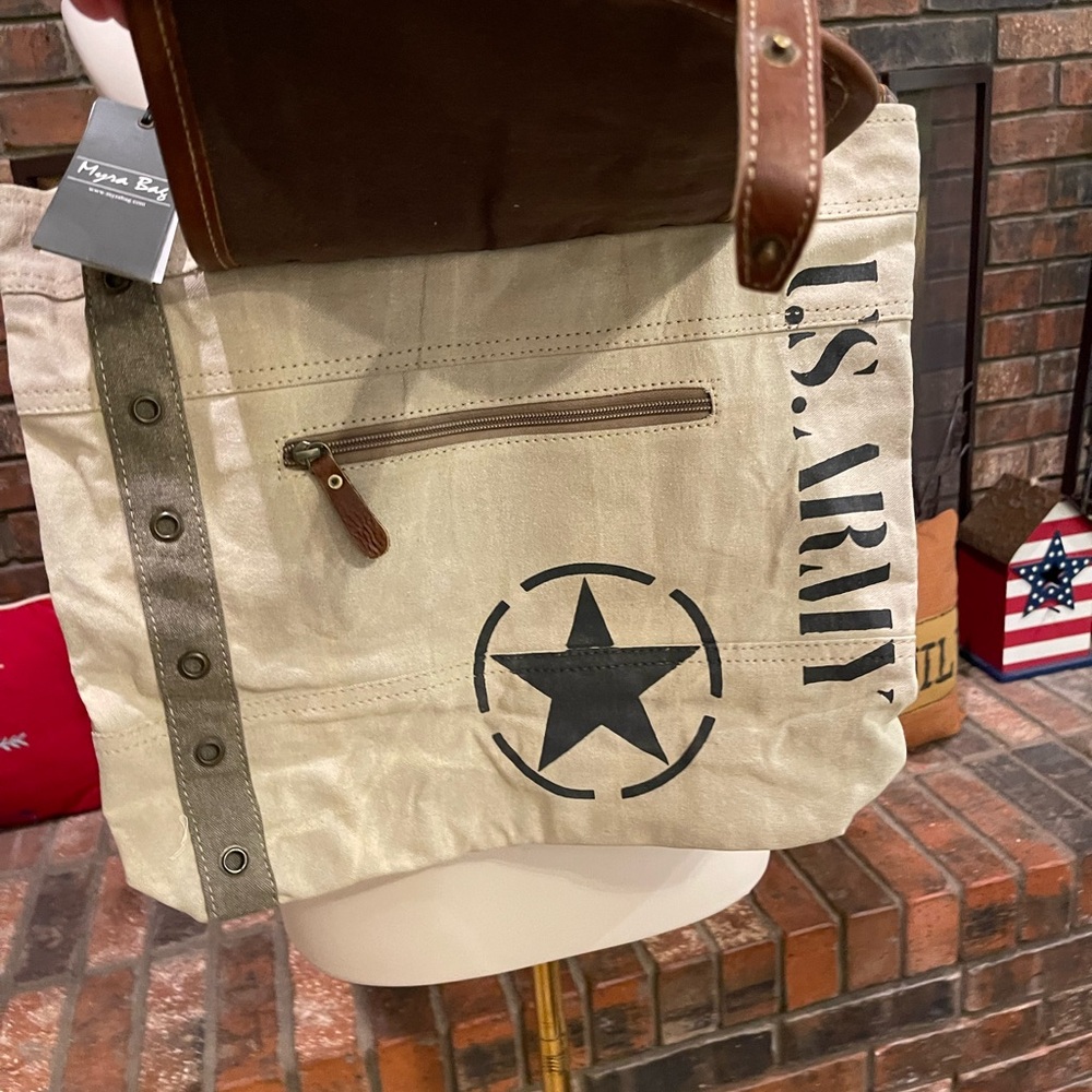 Myra Bag Vintage Style Canvas and Leather Army Tote Bag